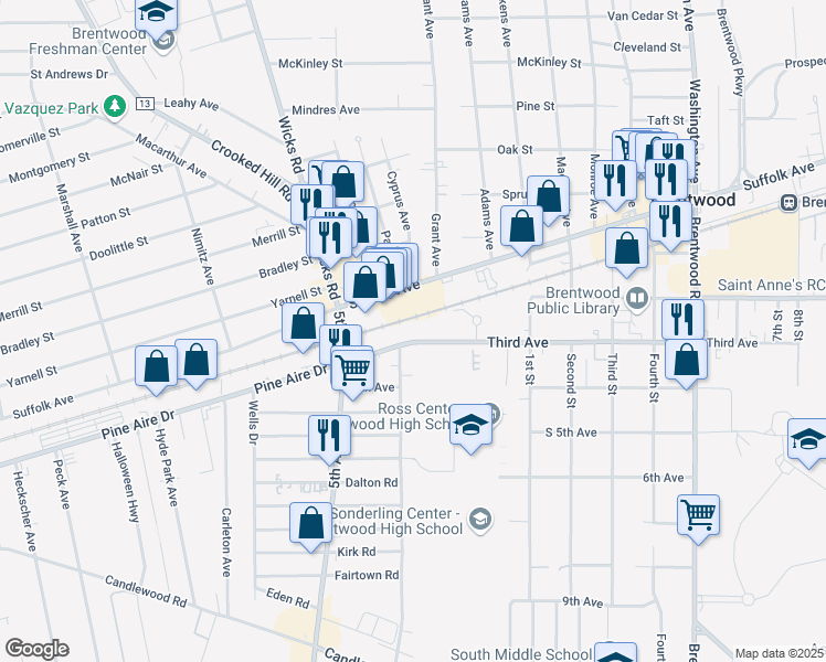 map of restaurants, bars, coffee shops, grocery stores, and more near 29 Third Avenue in Brentwood