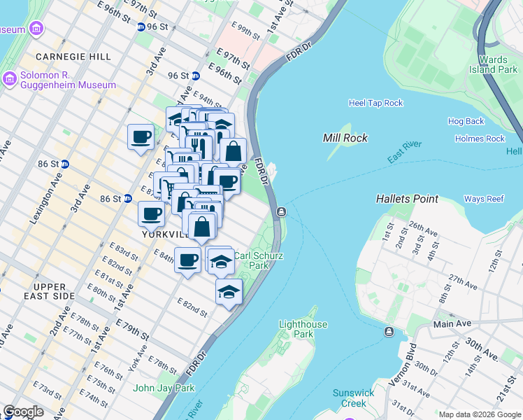 map of restaurants, bars, coffee shops, grocery stores, and more near 525 East 89th Street in New York