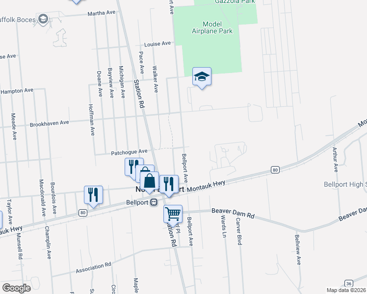 map of restaurants, bars, coffee shops, grocery stores, and more near Bellport Avenue in Bellport