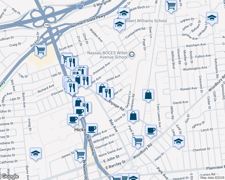 map of restaurants, bars, coffee shops, grocery stores, and more near 24 Libby Avenue in Hicksville