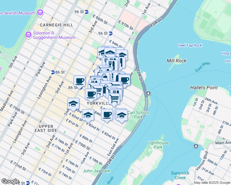 map of restaurants, bars, coffee shops, grocery stores, and more near 444 East 88th Street in New York