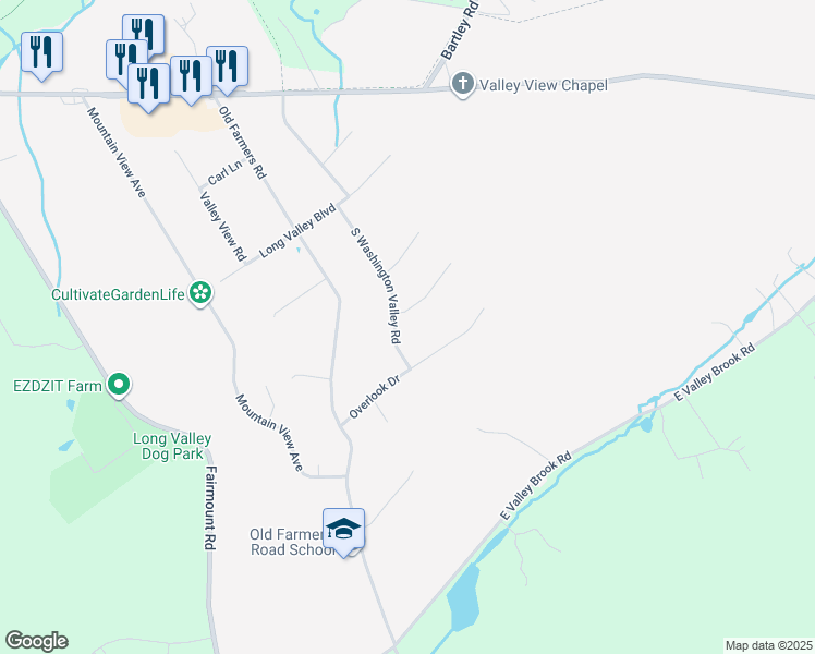 map of restaurants, bars, coffee shops, grocery stores, and more near 16 South Washington Valley Road in Long Valley