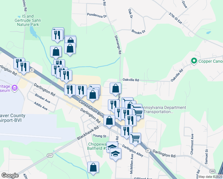 map of restaurants, bars, coffee shops, grocery stores, and more near 105 Spring Blossom Circle in Beaver Falls
