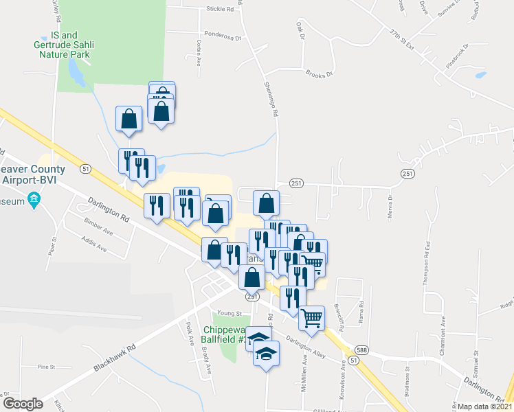 map of restaurants, bars, coffee shops, grocery stores, and more near 105 Spring Blossom Circle in Beaver Falls