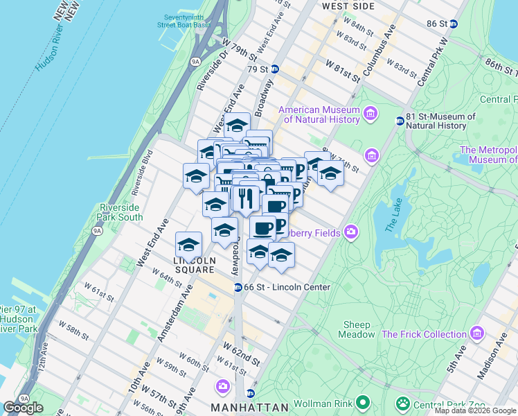 map of restaurants, bars, coffee shops, grocery stores, and more near in New York