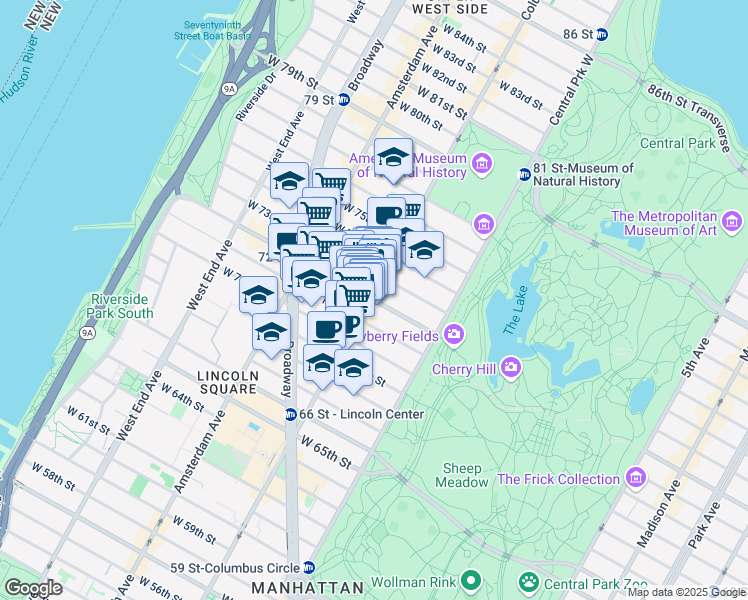 map of restaurants, bars, coffee shops, grocery stores, and more near 73 West 72nd Street in New York