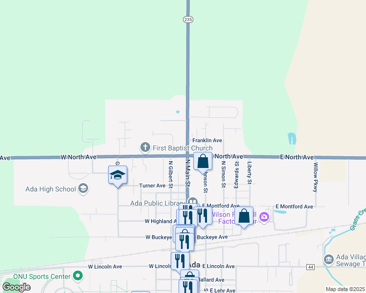 map of restaurants, bars, coffee shops, grocery stores, and more near 618 North Main Street in Ada
