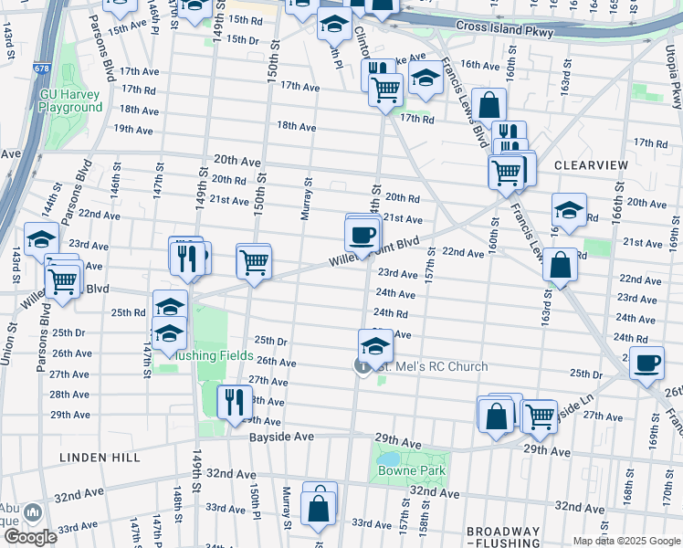 map of restaurants, bars, coffee shops, grocery stores, and more near 151-48 23rd Avenue in Queens