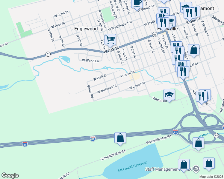 map of restaurants, bars, coffee shops, grocery stores, and more near 520 West Nicholas Street in Frackville