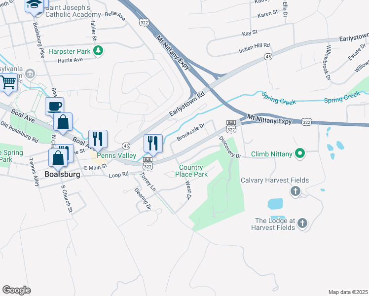 map of restaurants, bars, coffee shops, grocery stores, and more near 723 Boal Avenue in Boalsburg