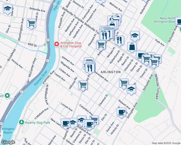map of restaurants, bars, coffee shops, grocery stores, and more near 745 Kearny Avenue in Kearny