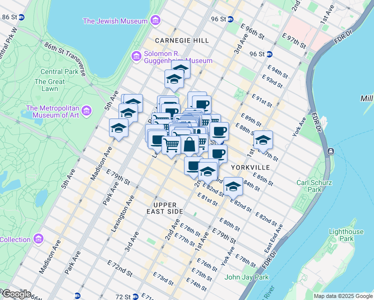 map of restaurants, bars, coffee shops, grocery stores, and more near 202 East 84th Street in New York