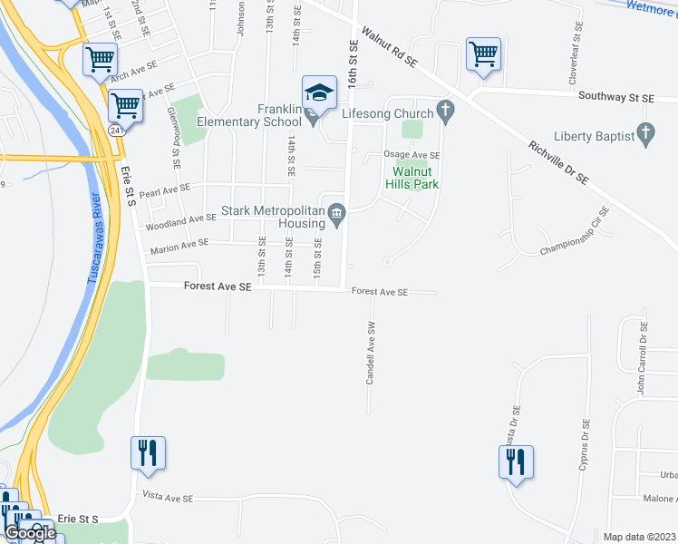 map of restaurants, bars, coffee shops, grocery stores, and more near 1757 16th Street Southeast in Massillon