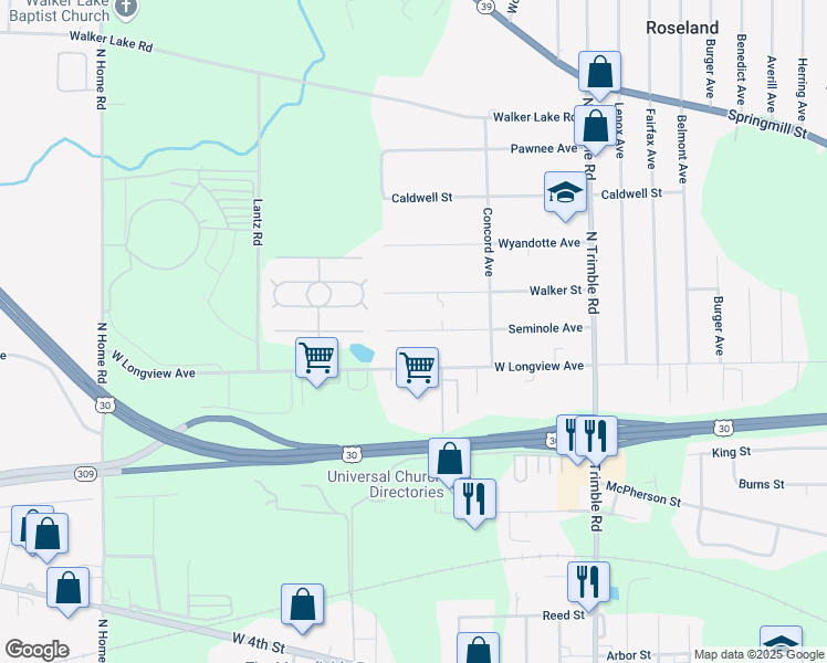 map of restaurants, bars, coffee shops, grocery stores, and more near 1224 Seminole Avenue in Mansfield