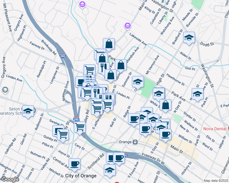 map of restaurants, bars, coffee shops, grocery stores, and more near 493 Linden Pl in Orange