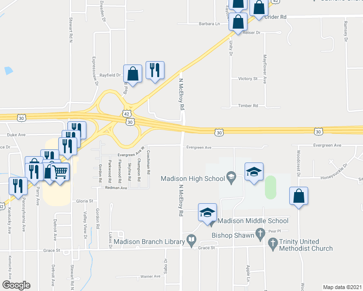 map of restaurants, bars, coffee shops, grocery stores, and more near 1354 Evergreen Avenue West in Mansfield