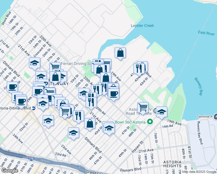 map of restaurants, bars, coffee shops, grocery stores, and more near 19-40 Steinway Street in Queens