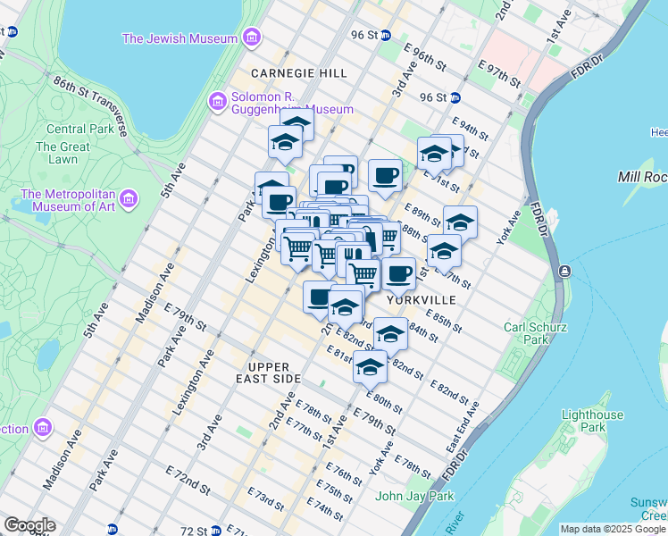 map of restaurants, bars, coffee shops, grocery stores, and more near 226 East 85th Street in New York