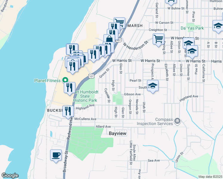 map of restaurants, bars, coffee shops, grocery stores, and more near 3338 High Street in Eureka
