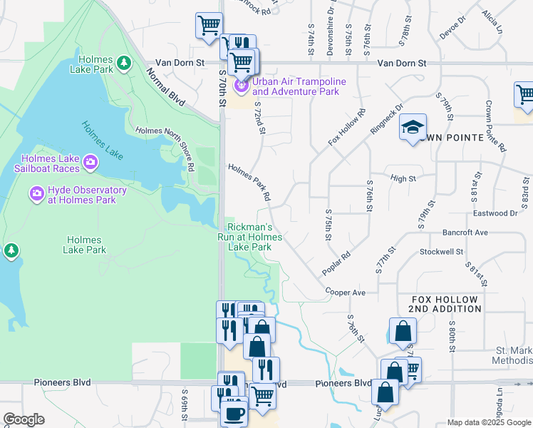 map of restaurants, bars, coffee shops, grocery stores, and more near 3505 Holmes Park Road in Lincoln