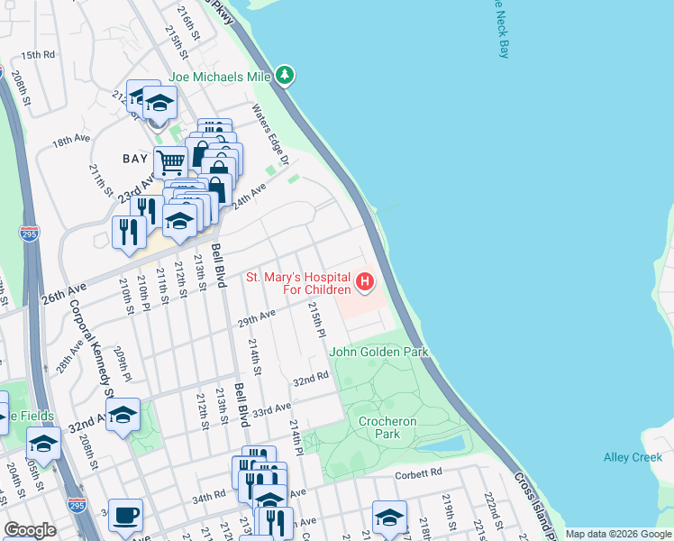 map of restaurants, bars, coffee shops, grocery stores, and more near 216-16 28th Road in Queens