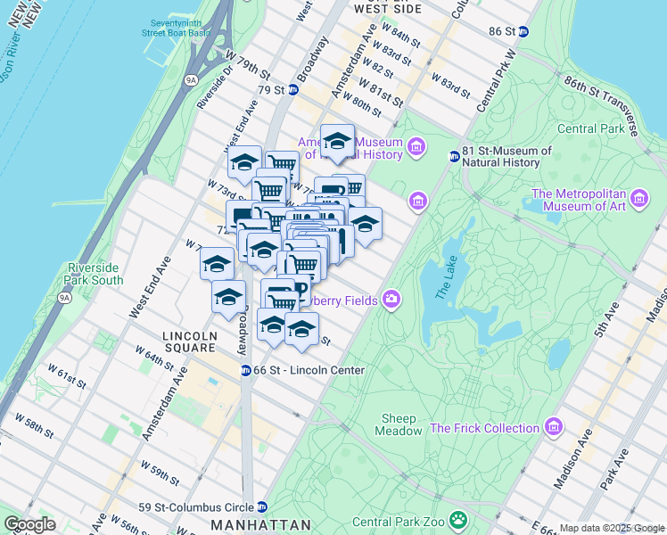 map of restaurants, bars, coffee shops, grocery stores, and more near 41 West 72nd Street in New York