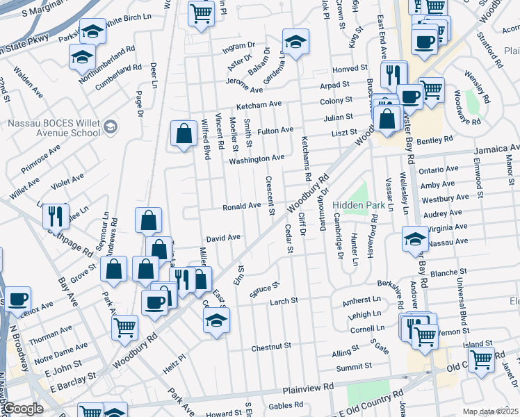 map of restaurants, bars, coffee shops, grocery stores, and more near 19 Smith Street in Hicksville