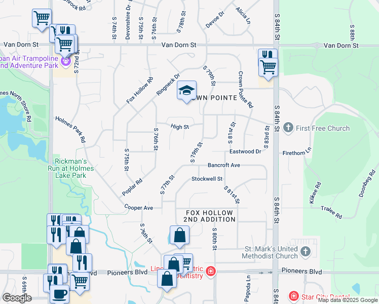 map of restaurants, bars, coffee shops, grocery stores, and more near 3511 South 79th Street in Lincoln
