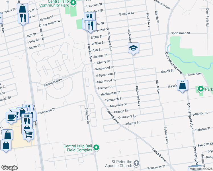 map of restaurants, bars, coffee shops, grocery stores, and more near 11 Hickory Street in Central Islip