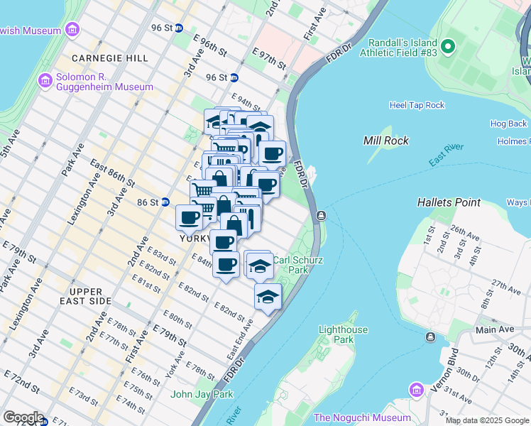 map of restaurants, bars, coffee shops, grocery stores, and more near 1680 York Avenue in New York