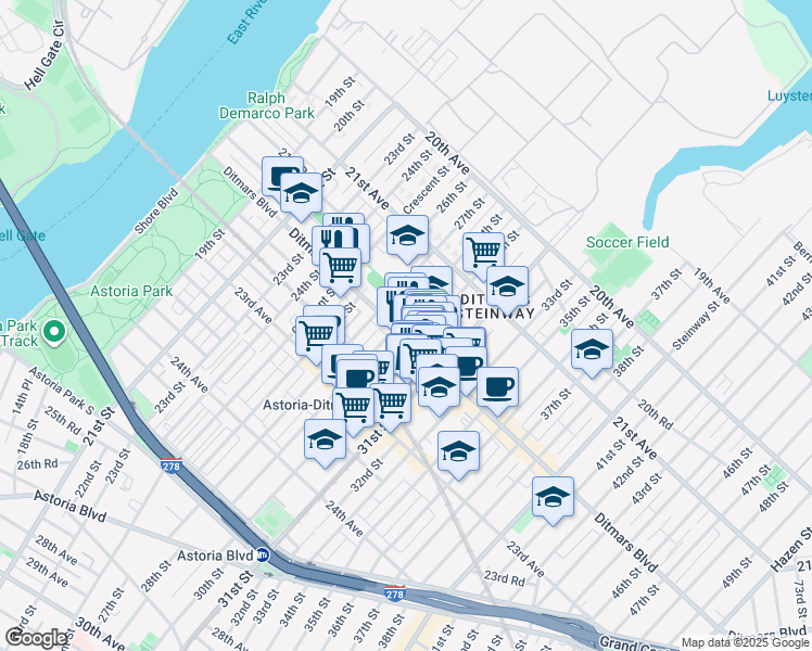 map of restaurants, bars, coffee shops, grocery stores, and more near 22- 1 27th Street in Queens