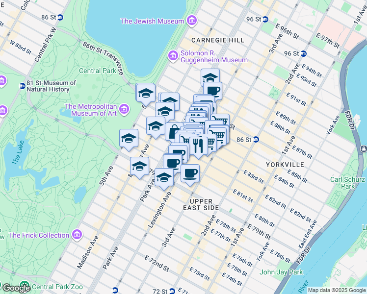 map of restaurants, bars, coffee shops, grocery stores, and more near 115 East 82nd Street in New York