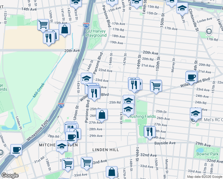 map of restaurants, bars, coffee shops, grocery stores, and more near 146-12 24th Avenue in Queens