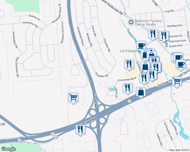 map of restaurants, bars, coffee shops, grocery stores, and more near 44 Thunder Road in Holbrook