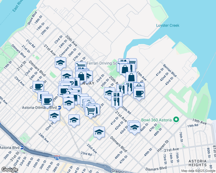 map of restaurants, bars, coffee shops, grocery stores, and more near 20-28 36th Street in Queens