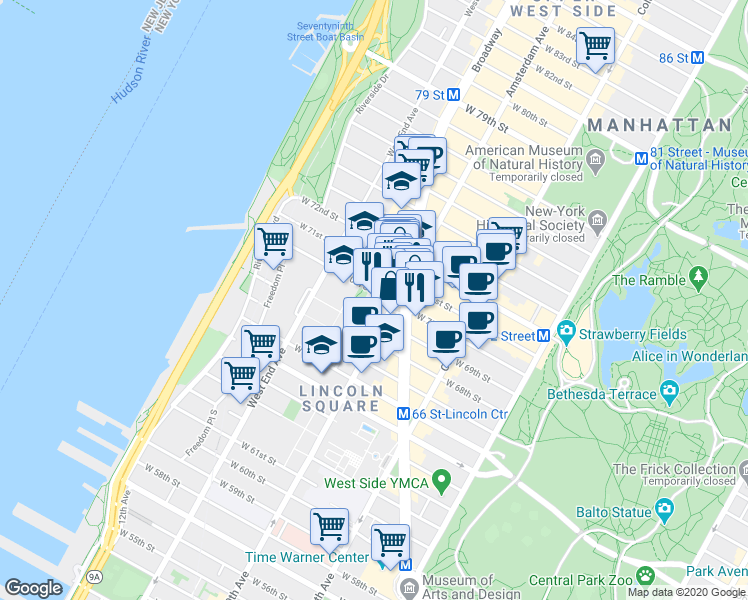 map of restaurants, bars, coffee shops, grocery stores, and more near 208 West 70th Street in New York