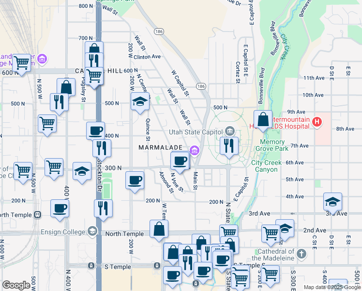 map of restaurants, bars, coffee shops, grocery stores, and more near 84 West Apricot Avenue in Salt Lake City