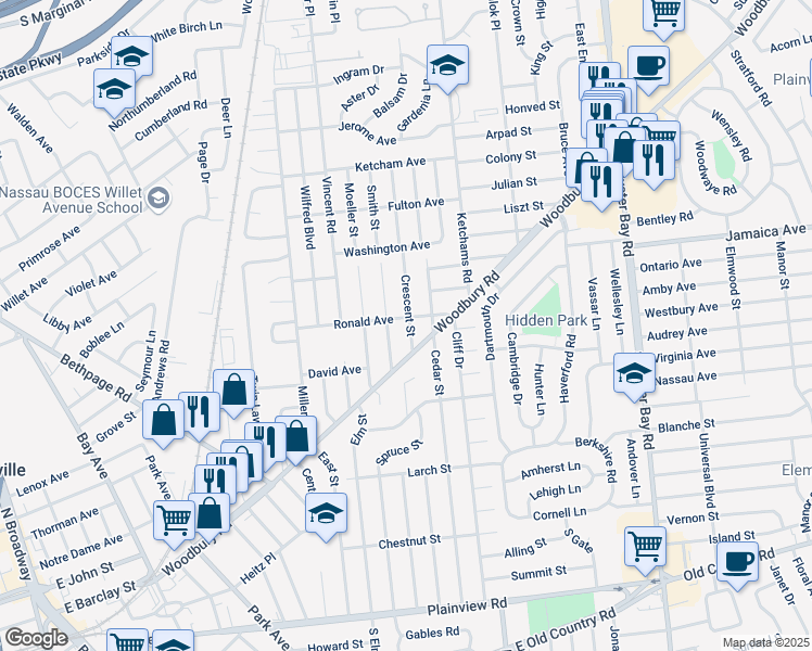 map of restaurants, bars, coffee shops, grocery stores, and more near 19 Smith Street in Hicksville