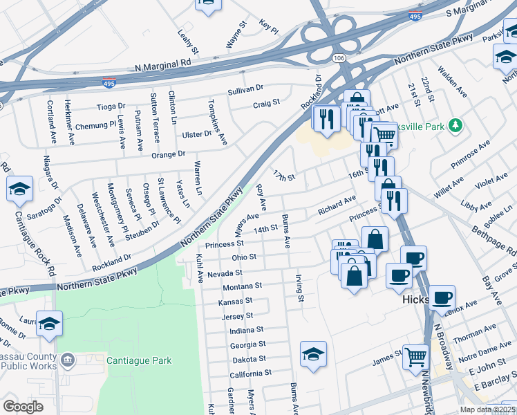 map of restaurants, bars, coffee shops, grocery stores, and more near 172 Gardner Avenue in Hicksville
