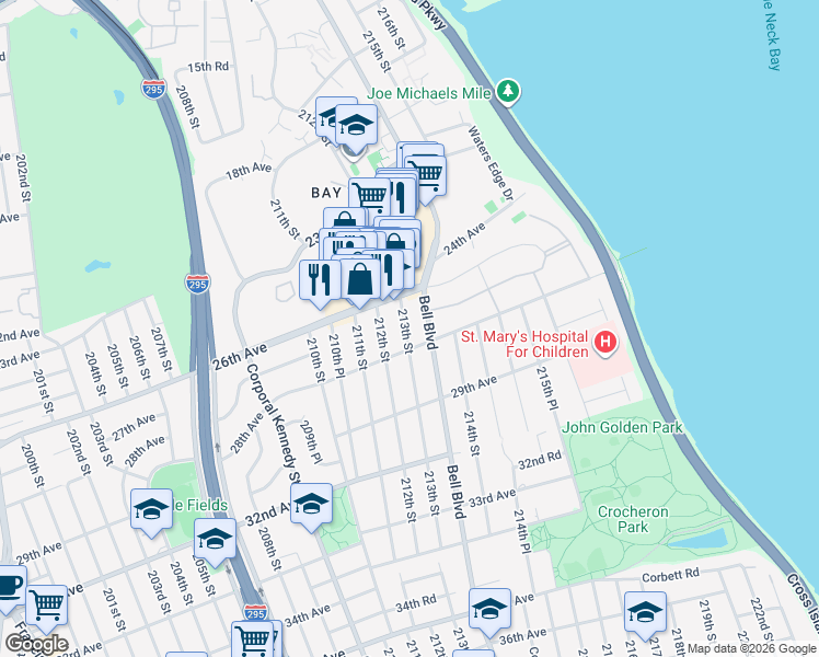 map of restaurants, bars, coffee shops, grocery stores, and more near 2634 Bell Boulevard in Queens