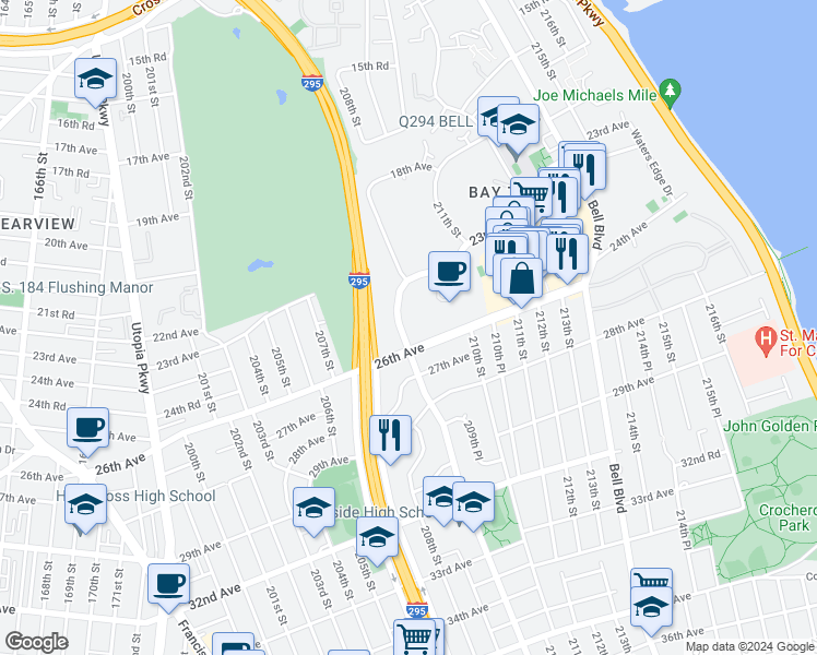 map of restaurants, bars, coffee shops, grocery stores, and more near 23-44 Corporal Kennedy Street in Queens