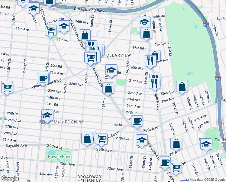 map of restaurants, bars, coffee shops, grocery stores, and more near 163-09 22nd Avenue in Queens