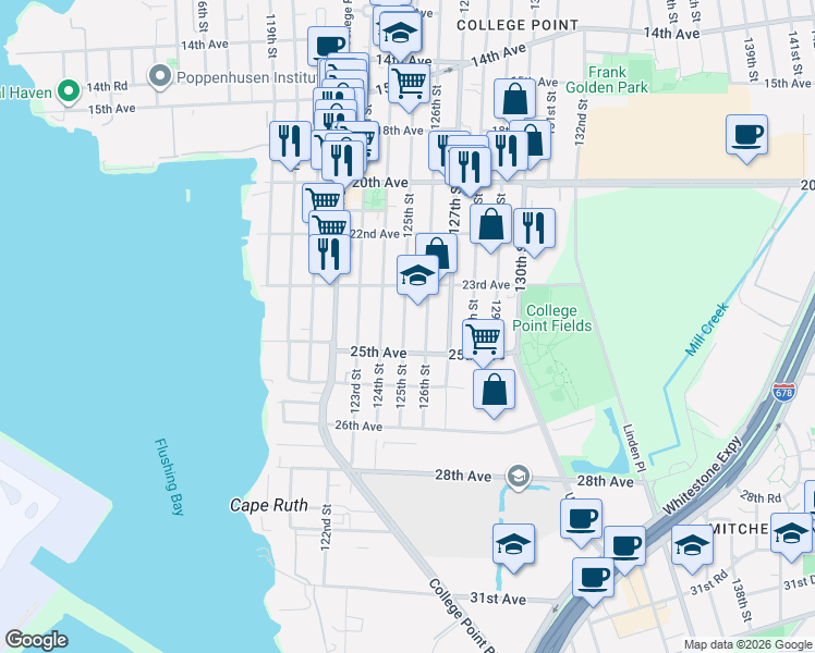 map of restaurants, bars, coffee shops, grocery stores, and more near 23-37 125th Street in Queens