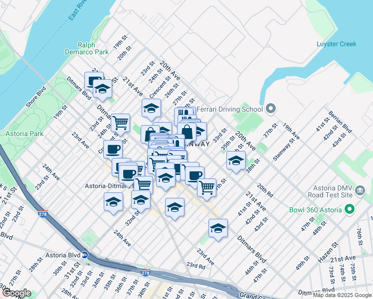 map of restaurants, bars, coffee shops, grocery stores, and more near 21-38 31st Street in Queens
