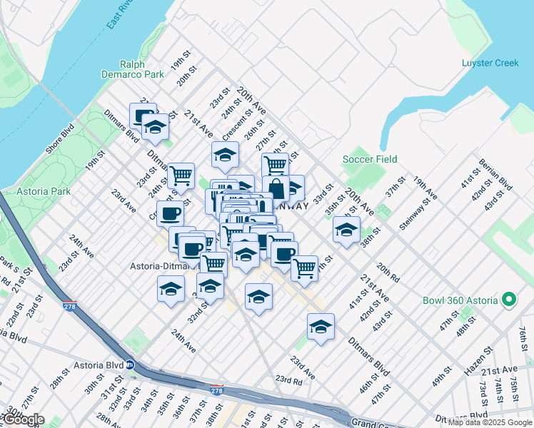 map of restaurants, bars, coffee shops, grocery stores, and more near 21-38 31st Street in Queens