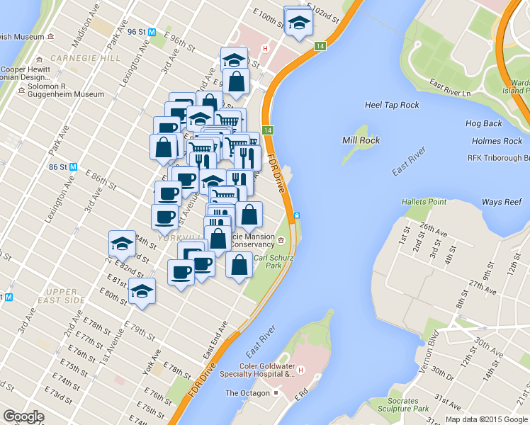 map of restaurants, bars, coffee shops, grocery stores, and more near 525 East 89th Street in New York