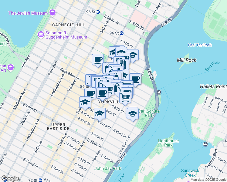 map of restaurants, bars, coffee shops, grocery stores, and more near 1689 1st Avenue in New York