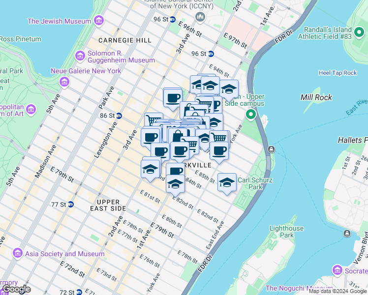 map of restaurants, bars, coffee shops, grocery stores, and more near 1661 1st Avenue in New York