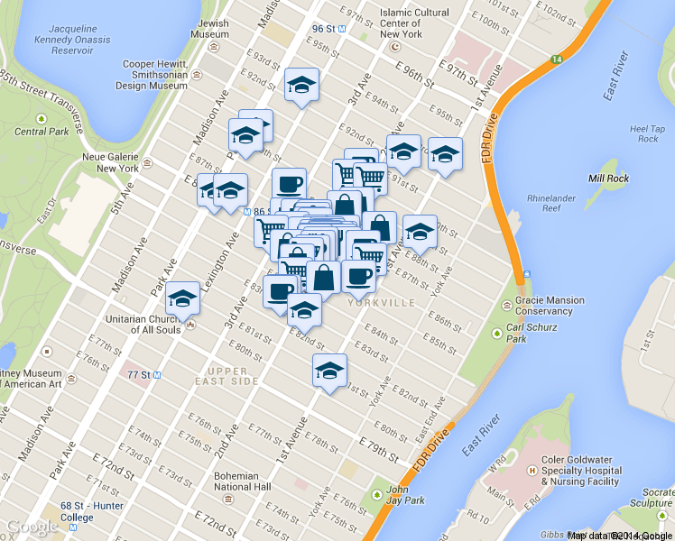 map of restaurants, bars, coffee shops, grocery stores, and more near in New York