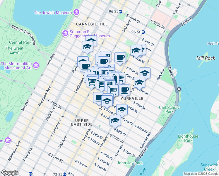 map of restaurants, bars, coffee shops, grocery stores, and more near 229 East 85th Street in New York